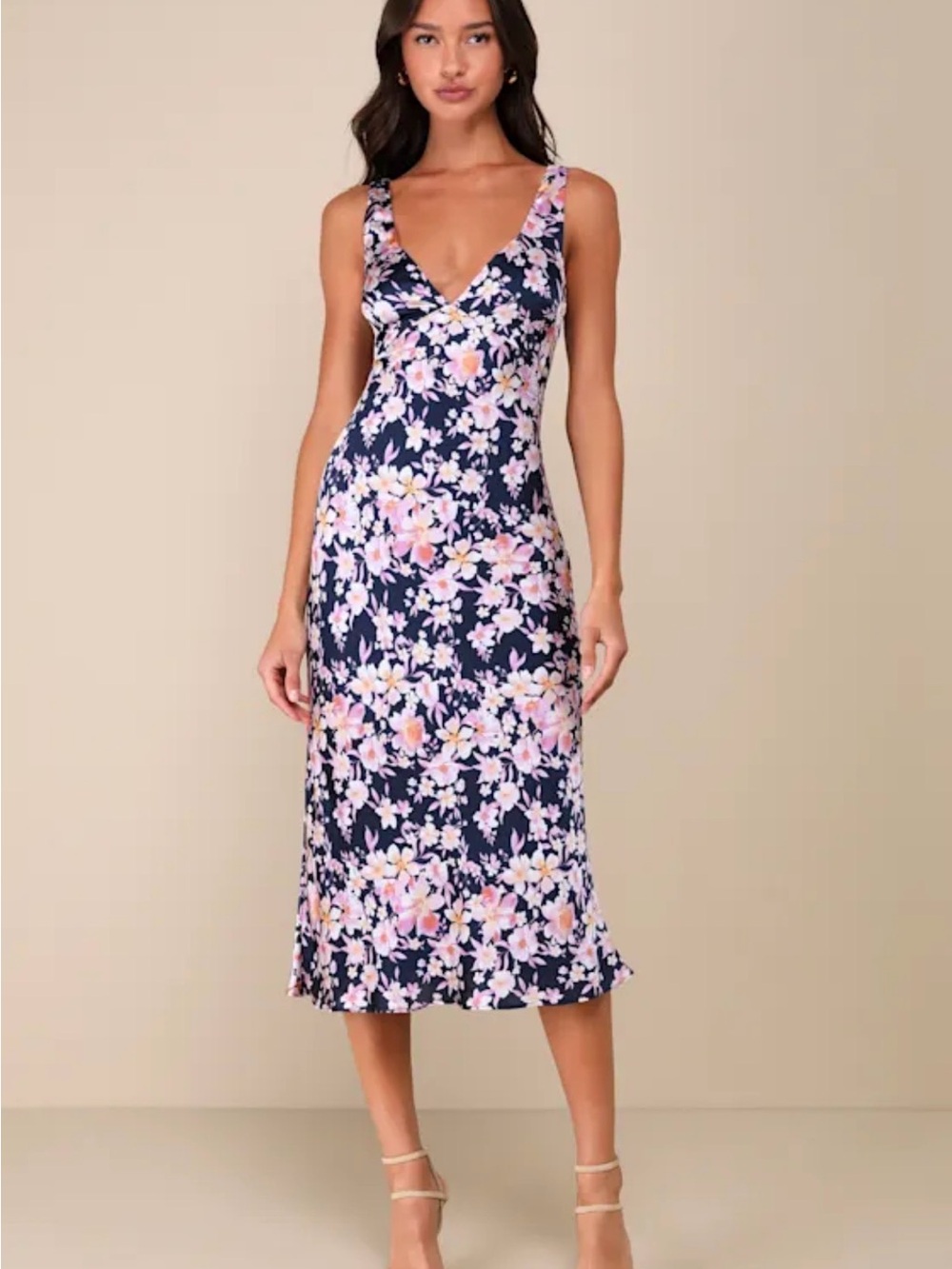 Lulus Women’s Midi Dress Admirable Charmer Navy Floral Satin Size Small New
